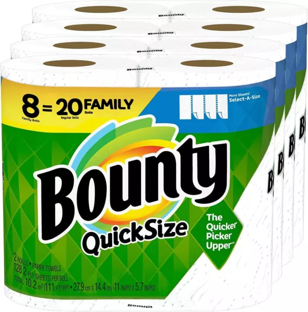 Bounty Quick-Size Paper Towels 8 Family 2 Ply-Sheet Rolls, 128 Sheet Per Roll