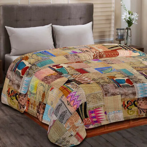 Indian Quilt Vintage Quilt Old Patchwork Silk Sari Kantha Quilted Bedcover Throw