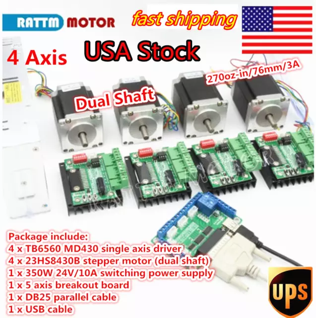 4 Axis CNC Kit Nema 23 76mm Stepper Motor 270oz.in & Driver &DC Power Supply（US）