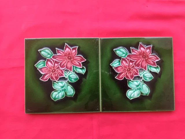 2 Piece Old Art Flower Design Embossed Majolica Ceramic Tiles England 0196