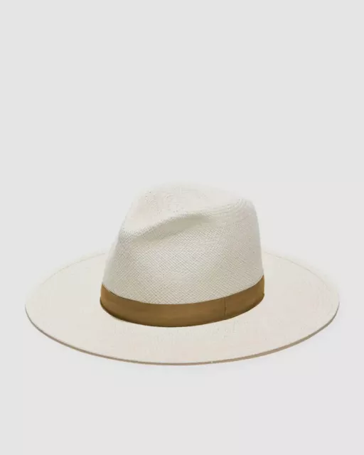 $316 Janessa Leone Women's Ivory Wide Brim Straw Leather Fedora Hat Size M