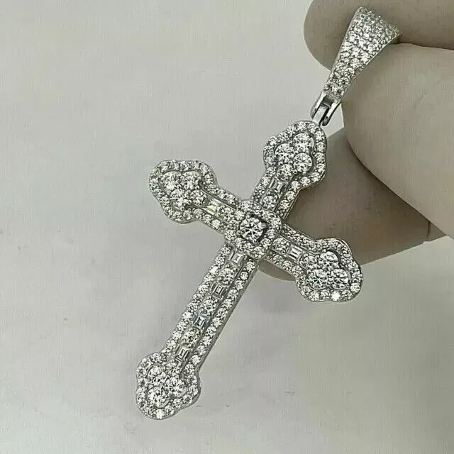 2CT Round Lab Created Diamond Cross Men's Pendant 14K White Gold Plated Silver