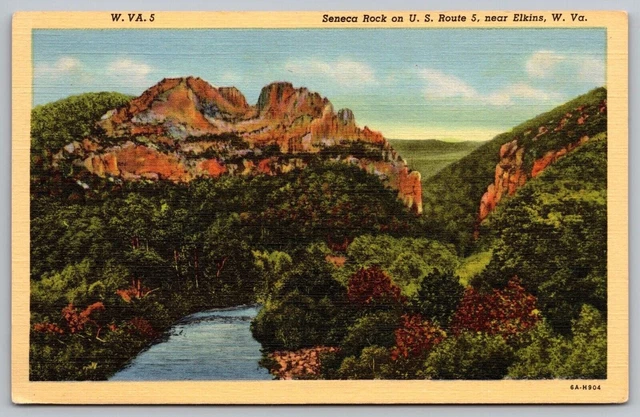 Elkins West Virginia Seneca Rock US Route 5 Scenic Landmark Linen WOB Postcard