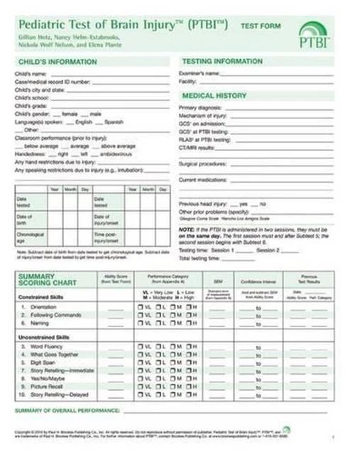 PEDIATRIC TEST OF Brain Injury: Test Forms (Pack of 10) by Gillian Hotz ...