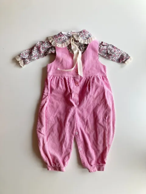 Vintage Girls' EATON Floral Shirt Pink Corduroy Overall Outfit Set, Size 24