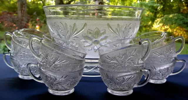 Anchor Hocking Glass Clear Sandwich Punch Bowl & 12 Cups & Base 14 Piece Set