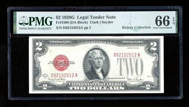 DBR 1928-G $2 Legal Gem Fr. 1508 DA Block PMG 66 EPQ Serial D92152012A