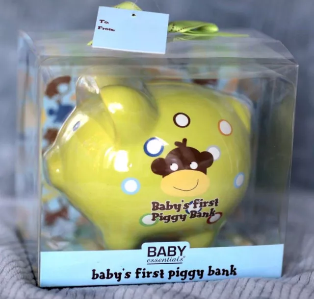 Baby's First Piggy Bank Ceramic Green Shower Coin Nursery Room Decor Unisex Gift