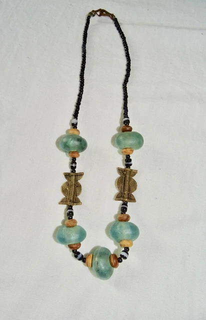 Collier Ethnique Ancien Ashanti (Ghana) - Pâte De Verre Bleu Et Bronze - Très Bon état Occasion