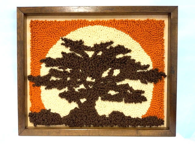"Gancho de pestillo enmarcado de colección MCM 1970 imagen árbol bonsia al atardecer 21,5 ""x 17,5"""