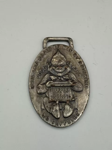 Vtg DR. PEPPER GRIN & WIN BILLIKEN GOOD LUCK POCKET WATCH FOB WACO TX