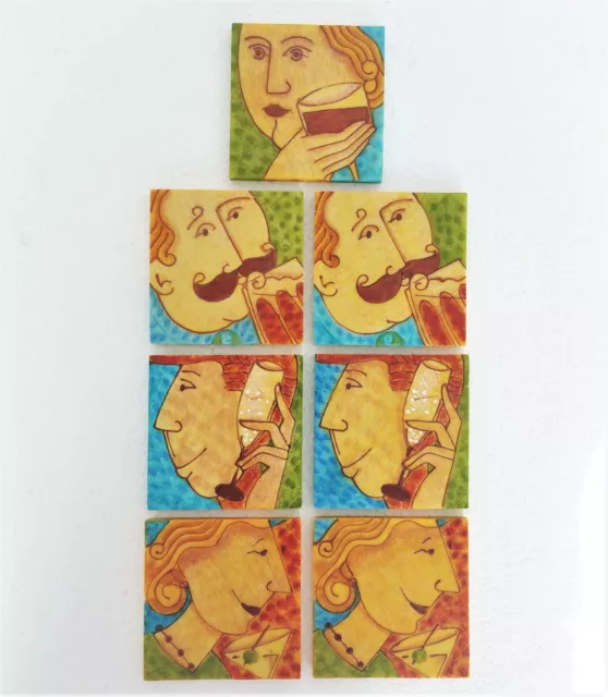 Vintage Coasters Set 7 pc Ceramic Tiles Art Deco Design Square Shape