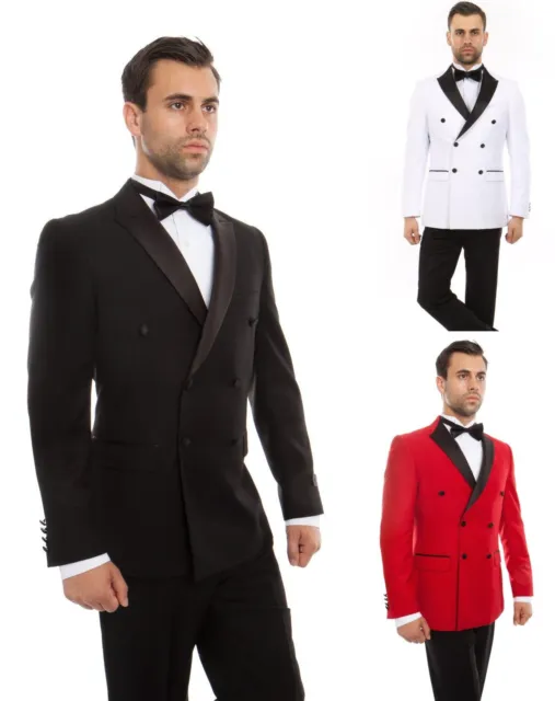 Men's Slim Fit Double Breasted Tuxedo Satin Peak Lapel Formal Grooms Tux Suit