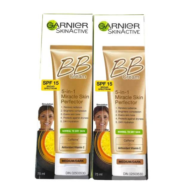 2 X Garnier BB Cream Skin Perfector Normal Dry Medium/Dark 2.5oz SPF 15 EXP09/24