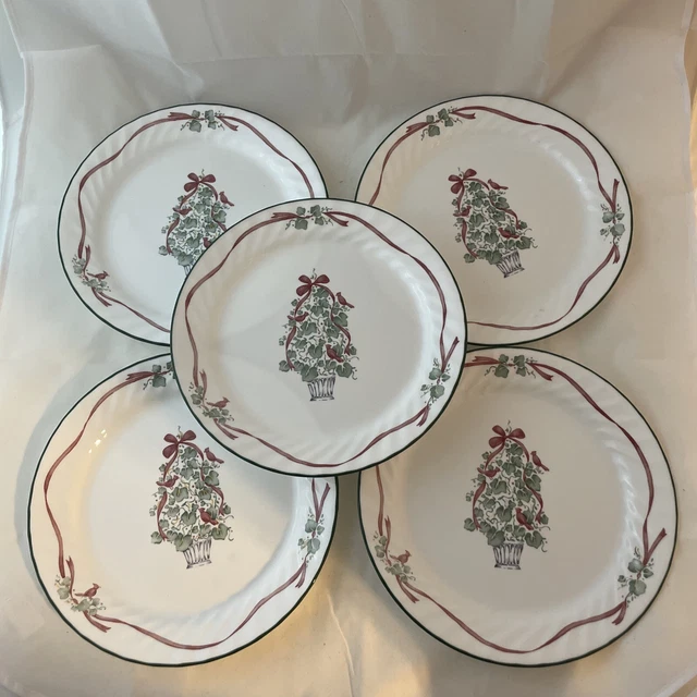 5 Corelle Callaway Holiday Ivy Tree Red Ribbon Christmas Dinner Plates 10 1/4"