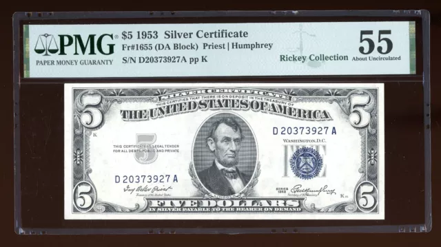 DBR $5 1953 Silver Fr. 1655 DA Block PMG 55 Serial D20373927A