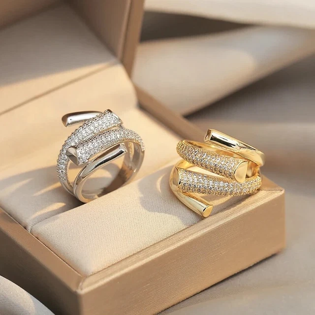 Bague Argent 925 Double Anneau - Style Serpent Avec Zirconium - Taille 54, Neuf Sans Boîte