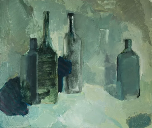 Original oil still life with Bottles Abstract unique artwork by E. Lozovoy