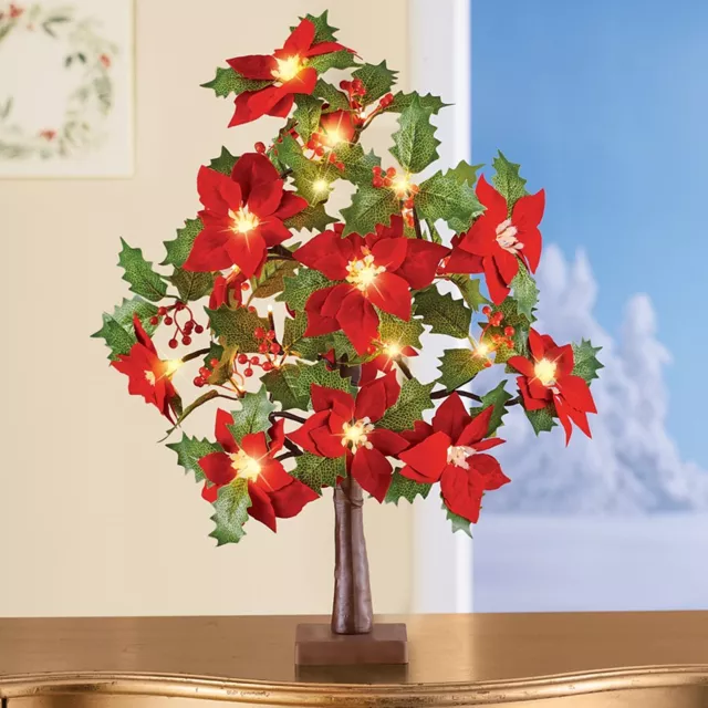 2-Ft LED Lighted Christmas Poinsettia Tree Holiday Table Centerpiece Home Decor