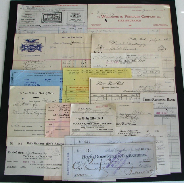 #227 - 16 old 1890-1909 BUTTE, MONTANA papers ephemera billheads receipts checks
