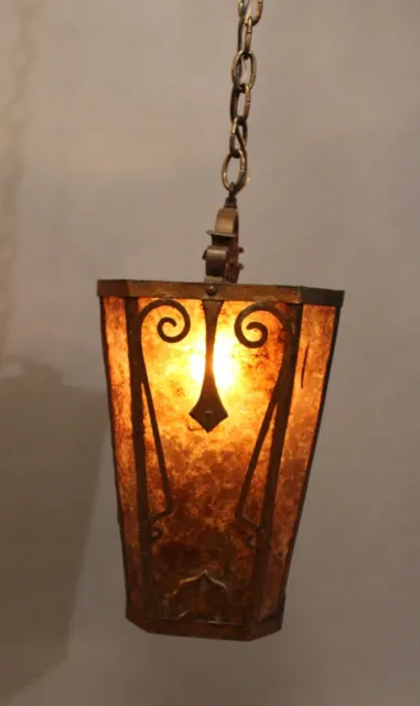 1920s Iron & Mica Pendant Chandelier Light Lamp Spanish Tudor Moorish (16326)