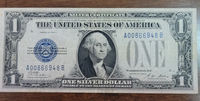 1928A US $1 One Silver Dollar-Silver Certificate, Funny  Back Note,...