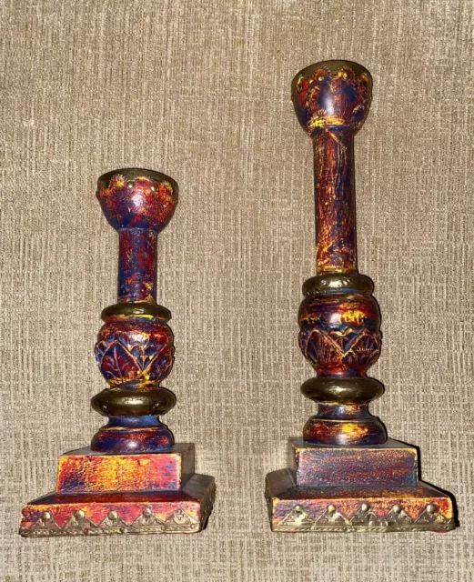 Pair Of Asian Style Candlesticks - Wood Painted With Brass Detail