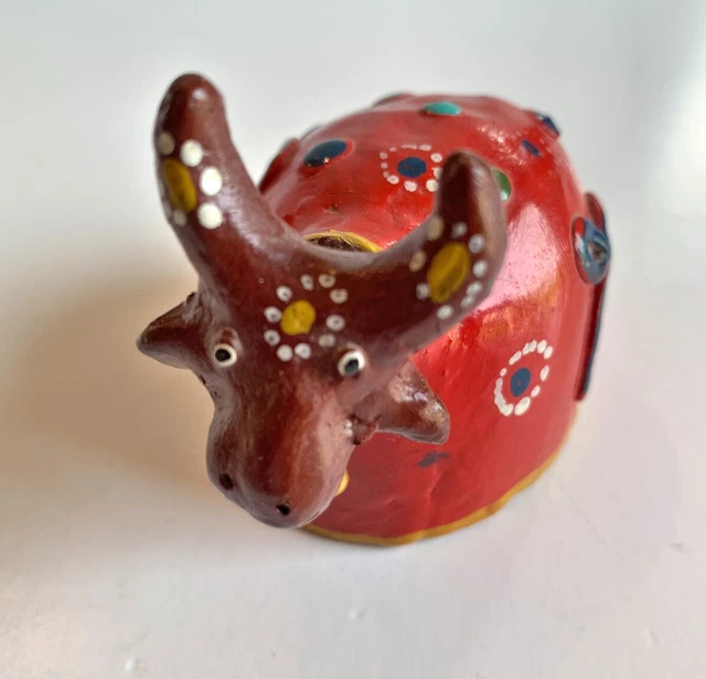 Folk Art Cow Figurine Earthenware South American Pottery Red Signed E2