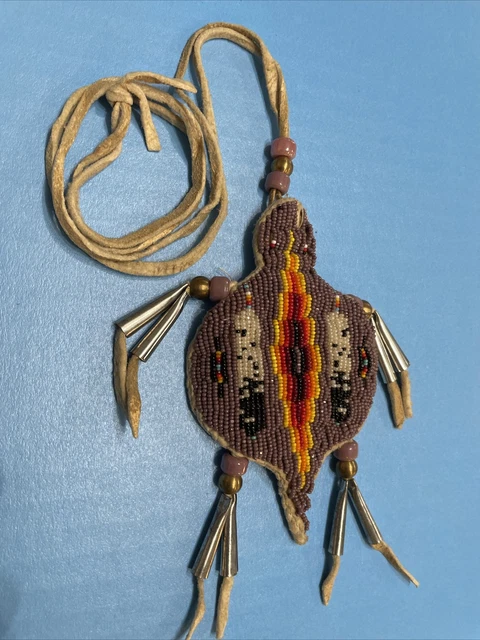 Plains Indian Beads On Deer Hide Umbilical Cord Fetish Necklace Tobacco Tins VNT