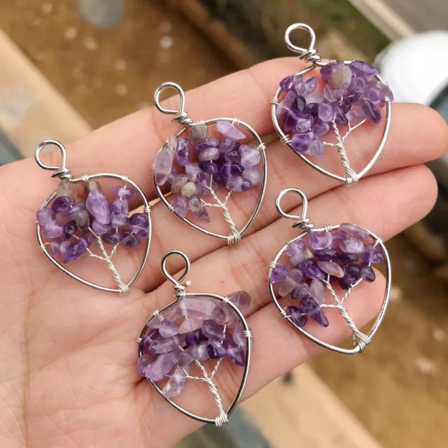 5pcs Amethyst Yoga Gems Stone Tree Of Life Pendants Reiki Healing Amulet