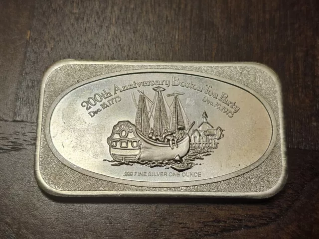 Rare 1973 USSC 200th Anniversary Boston Tea Party 1 oz .999 Silver Art Bar!