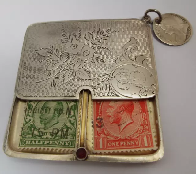 Lovely English Antique 1910 Solid Sterling Silver Slide Action Double Stamp Case