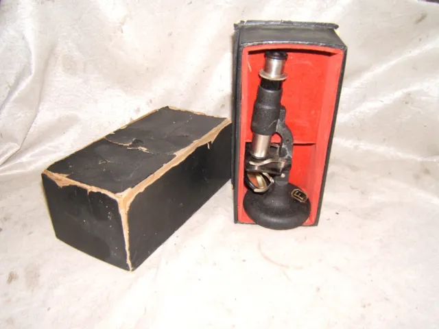 antique portable field study microscope vtg old w/box
