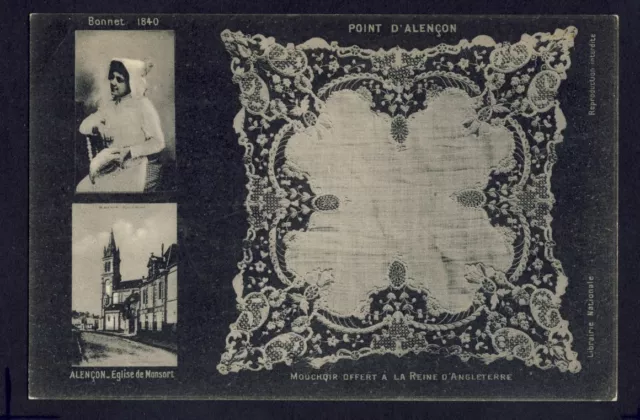 Old Postcard FRANCE ALENÇON Handkerchief in LACE offered to the QUEEN OF ENGLAND