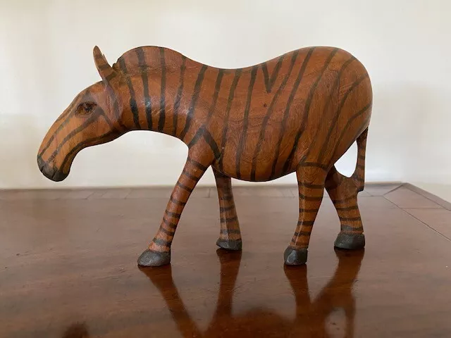 Wood ZEBRA Vintage Hand Carved WOOD  Statue/Figurine African Safari Décor