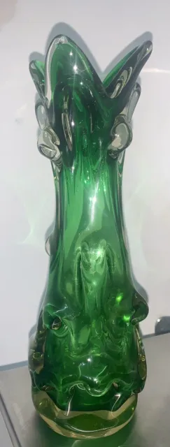 Quality Vintage Romanian Green Art Glass Knobbly Vase 28cm