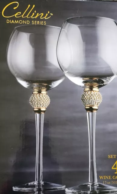 Cellini Diamond Series WINE GOBLETS. Set Of 4 Gold Trim Rhinestone Stems