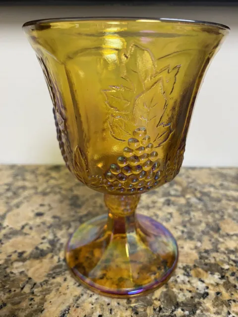 Vintage Indiana Carnival Glass Marigold Goblet Iridescent Amber Harvest Grape