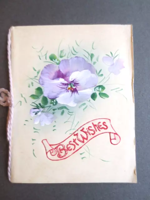 Vintage CHRISTMAS Card Hand Painted Pansy Flower BEST WISHES Greetings