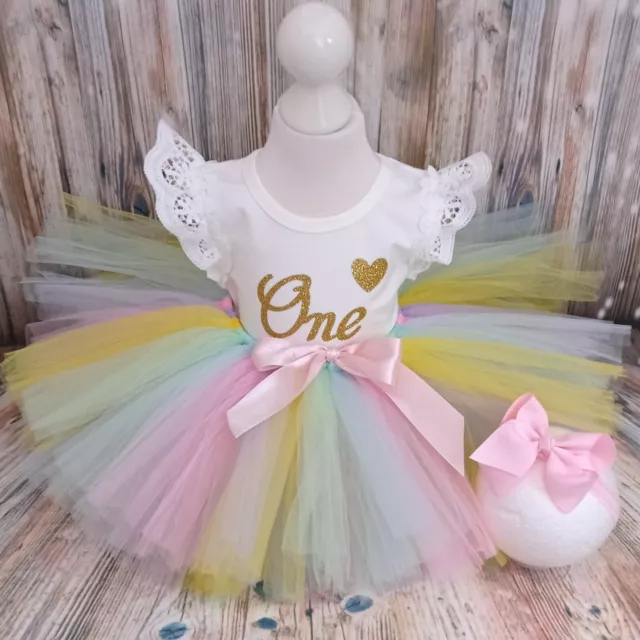 Rainbow Baby First 1st Birthday Outfit Tutu Cake Smash Pastel Party Dress Bow