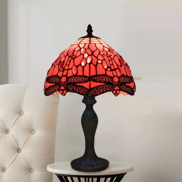 Lampada da tavolo libellula rossa stile Tiffany vetro colorato artigianale tonalità 10 pollici