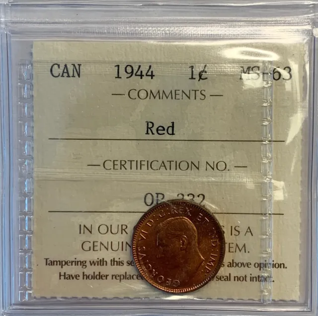 1944 Canada 1 Cent ICCS Graded MS-63 Red *** READ DESCRIPTION ***