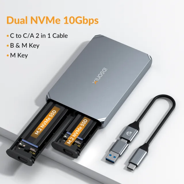 Dual M.2 NVMe SSD Enclosure External Hard Drive Case USB 3.1 Gen2 10 Gbps