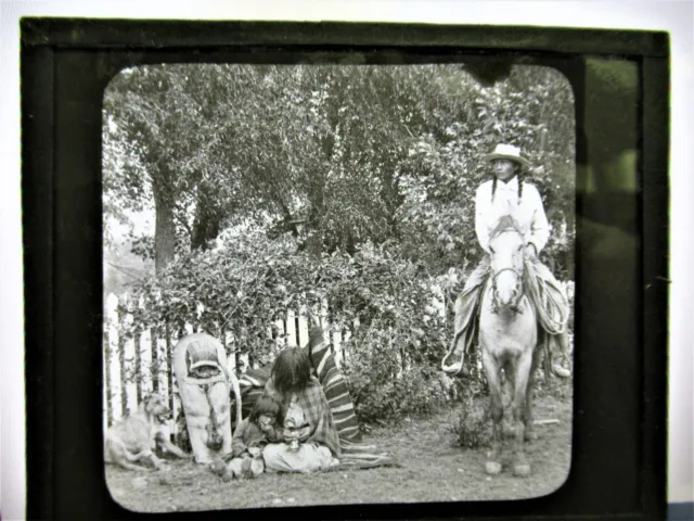 Glass Magic Lantern Slide Native American On Horse With Wife Child And Papoose