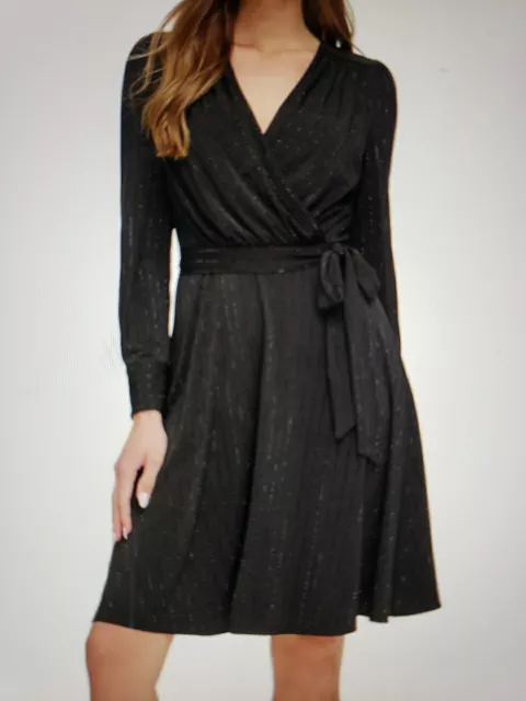 NWT DKNY Sz 10 Women's Embellished Faux-Wrap Dress Black Back Zipper