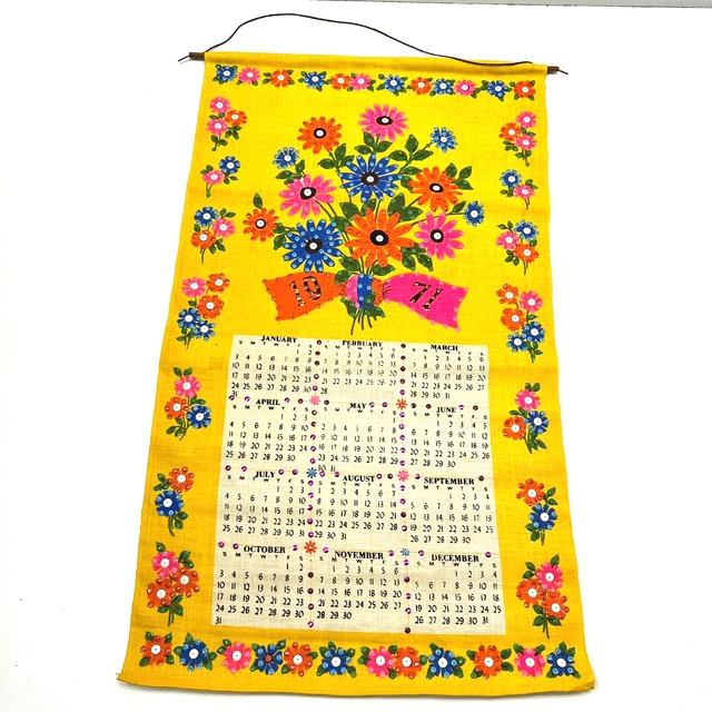 1971 LINEN HANGING Calendar Kitchen Tea Towel Flower Power Mod Retro