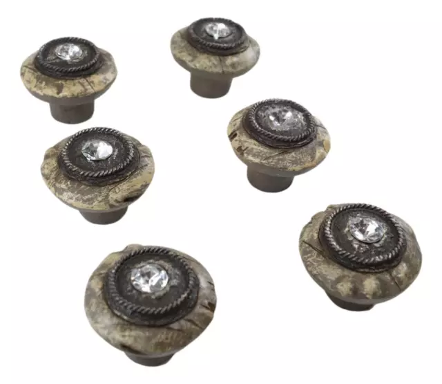 Set Of 6 Western Rustic Faux Wood Rhinestone Crystal Cabinet Door Pull Knobs