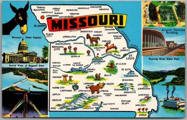 Vintage MISSOURI State Map / Multi-View Postcard / 7 Views Plastichrome c1950s