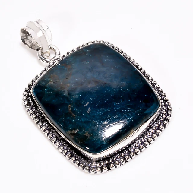 Neon Blue Apatite Vintage Handmade 925 Sterling Silver Pendant 1.8" GSR-3850