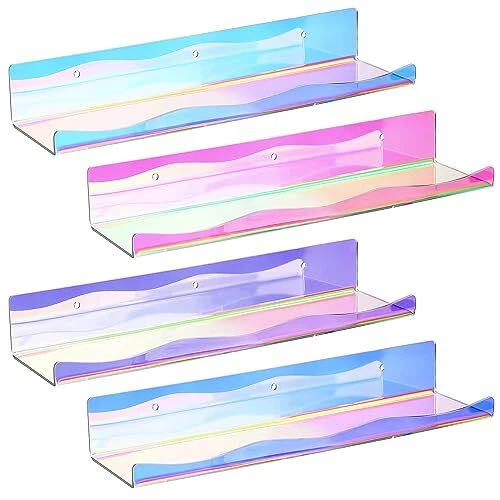 Iridescent Acrylic Shelves, 15 Inch Wavy Floating Wall Mounted Shelves, Nail